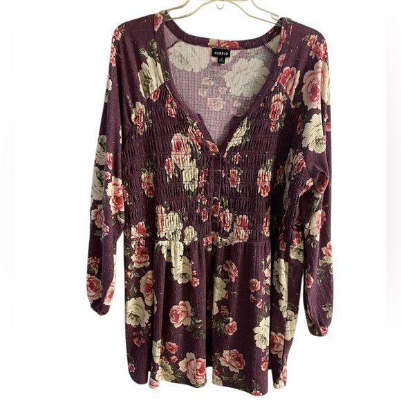Torrid Babydoll Top Henley Purple Floral Tunic Smocked 3X - Picture 1 of 7